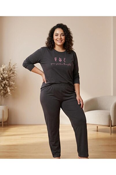 sleeproom Black Plus Size Floral Patterned Pajama Set