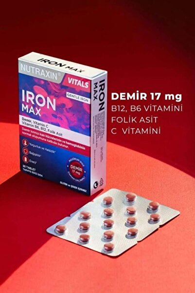 Nutraxin Iron Max bisglisinat formunda Demir-Vitamin C-Vitamin B6-Folik Asit-Vitamin B12 30 Tablet+ Hap Kutusu HEDİYE