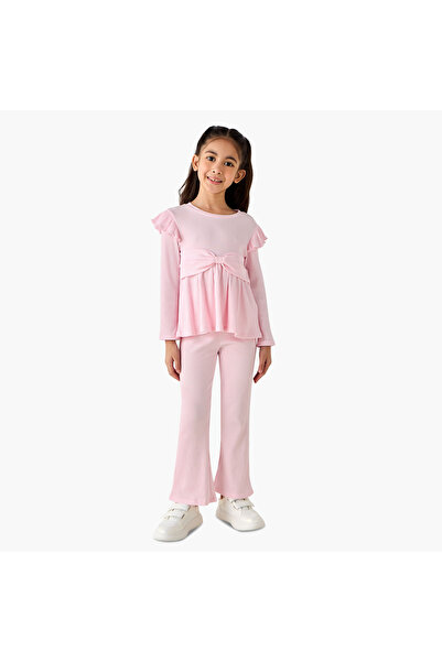 Juniors Round Neck Long Sleeve Top and Flared Pants Set with Ribbed Texture