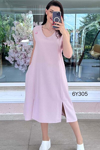 İnce Topuk Button Detail Waist Tie Linen Dress 6Y305