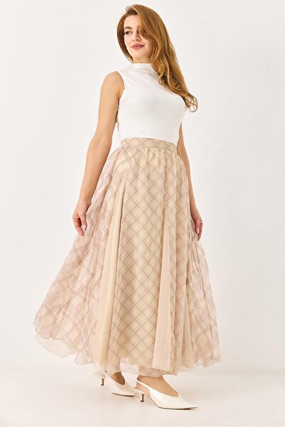 Raneel Kazançlı Alışveriş Plaid Patterned Flared Lined Chiffon Skirt Cream