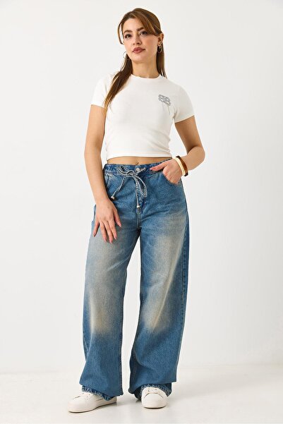 Raneel Kazançlı Alışveriş Women's loose fit denim pants with elastic waist in...