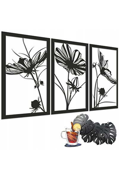 Naklejkomania Tablou triptic 3D cu flori, panou ajurat, decor de perete boho,...