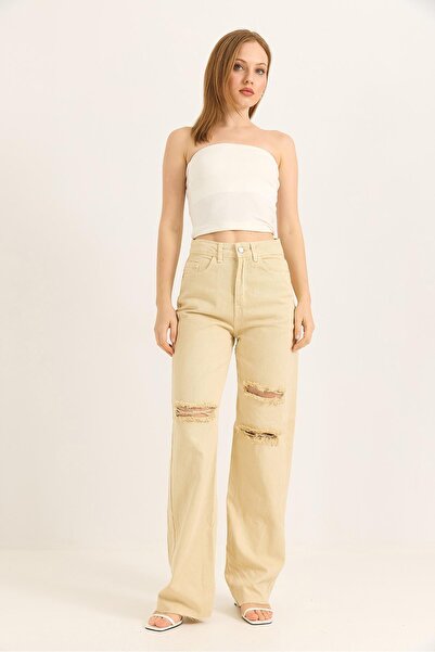 Raneel Kazançlı Alışveriş Beige Jeans with Ripped Detail on Wide Legs