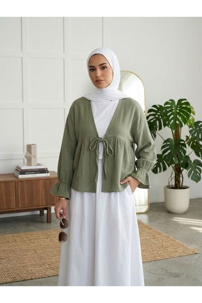Foremia Short Kimono with Tie Front - Khaki