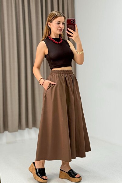 Raneel Kazançlı Alışveriş Women's Parachute Fabric Unlined Midi Skirt Brown