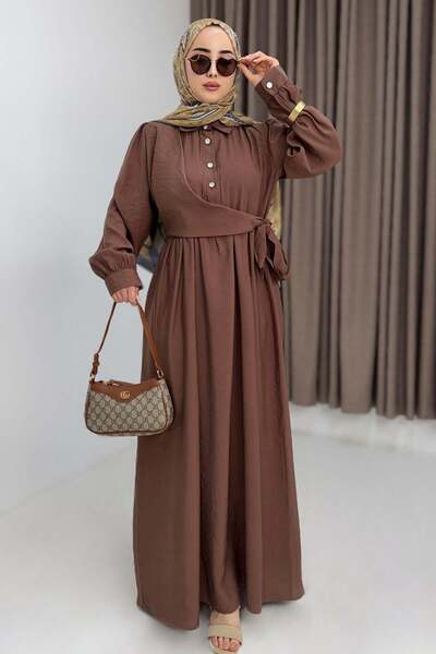 Raneel Kazançlı Alışveriş Women's Tencel Unlined Buttoned Stylish Dress Brown