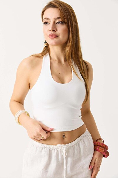 Raneel Kazançlı Alışveriş Women's Halter Neck Crop Blouse White