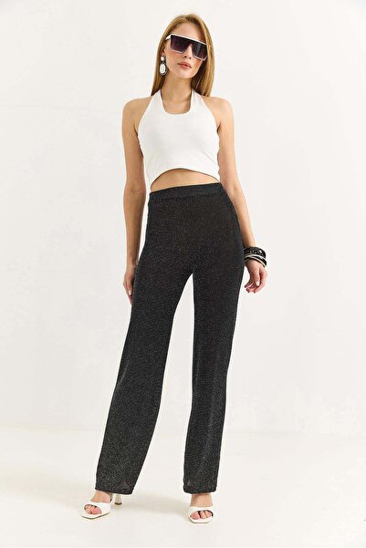 Raneel Kazançlı Alışveriş Women's Flowy Glittery Stylish Trousers Black