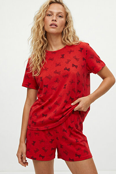 Siyah İnci Red Ribbon Patterned Crew Neck Knitted Shorts Set