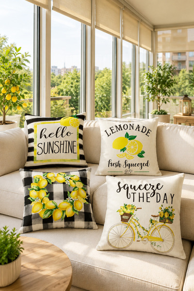 Bebişim Halı Plaid Edged Lemon Branch 4-Piece Throw Pillow Cover Set Decorati...