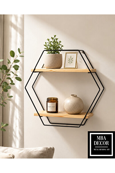 mba decor metal bending art MBA Decor Altıgen Metal Duvar Rafı 42 cm Siyah Doğal Çam Ahşap 2 Katlı Dekoratif Raf