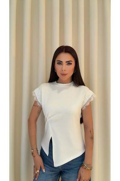 DİDEM GÜLTAKTI Waer Women's White T-Shirt with Lace Detail on Sleeves