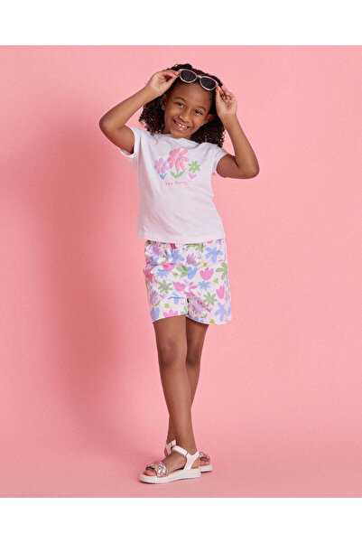 REDTAG Girls White Printed T-Shirt & Floral Shorts Set