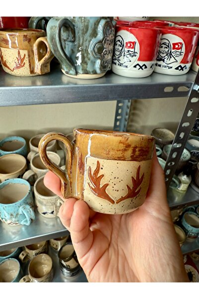 Geyik Boynuzu Motifli El Yapımı Stoneware Kahve Fincanı