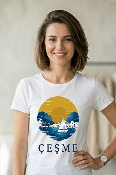 Baran Işık Çeşme Sunset and Sailing Themed Unisex White T-Shirt
