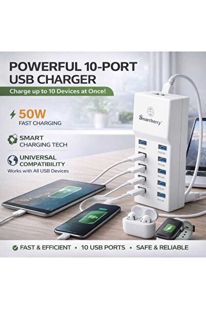 Smartberry 10 Port USB Charger 50W Fast Charging Travel Adapter