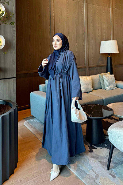 İmajButik Navy Blue Shoulder Detail Waist Tie Dress