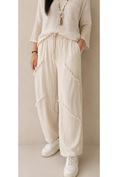 AGORATEKSTİL Women's Mesh Detailed Double Pocket Linen Trousers