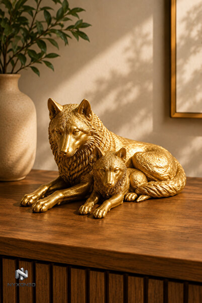 nyxon3D Gold Kurt Ailesi Heykeli – Altın Renk Dekoratif Kurt Biblo, Lüks Masa...