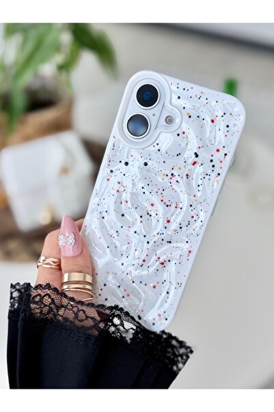 Go Aksesuar Iphone 16 Uyumlu Baskı 3d Kabartma Beyaz Boya Tasarımlı Parlak Si...