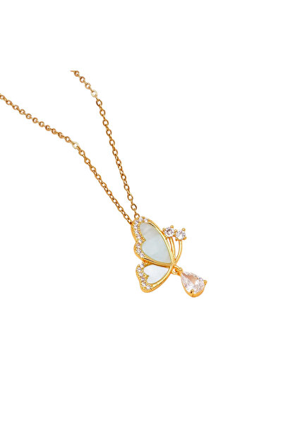 Black Season Gold Plated Zircon and Shell Butterfly Necklace