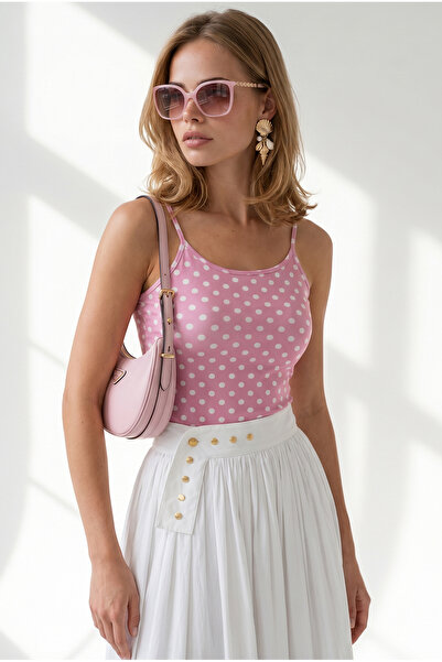 Olalook Women's Polka Dot Pink Strappy Basic Polyamide Athlete Blouse Blz-190...