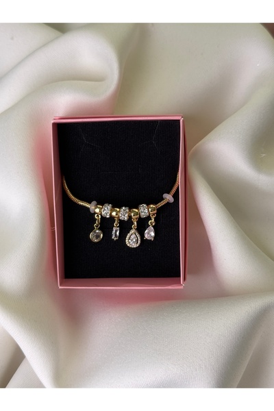NB STEELORA Zircon Stone Detailed Drop Figured Gold Color Charm Women's Bracelet