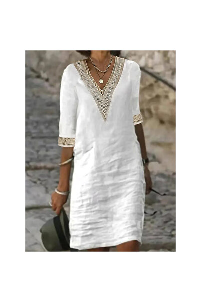 Cristina Serene Midi Φόρεμα Boho με V Λαιμόκοψη & Διακοσμητική Δαντέλα