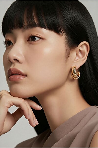 LYKOS Steel Gold Color Asymmetrical Hoop Model Women's Earrings