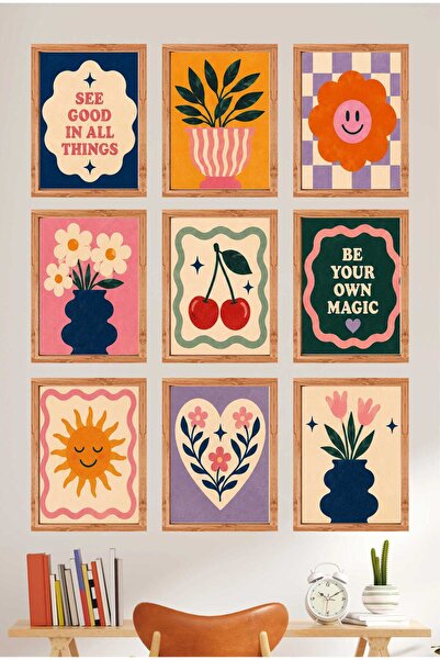 UNT Frame-Looking Colorful Boho 9-Piece Mdf Painting Set – Modern Retro Wall ...