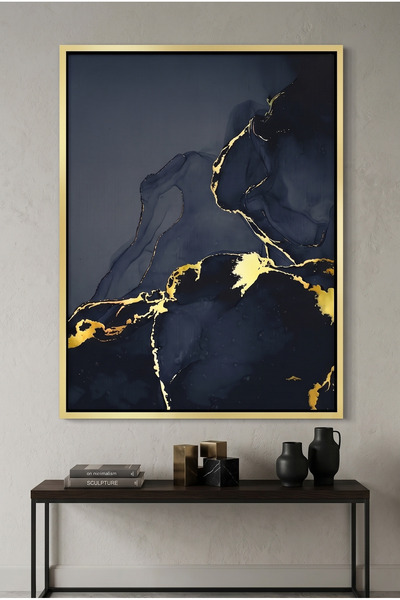 Jasmine Art Blue and Gold Abstract Wall Art | Framed Canvas Print with Gold F...