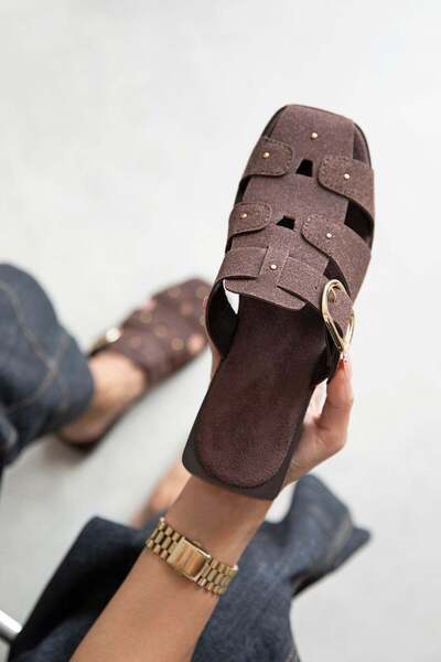 STRASWANS Fers Women's Belt Detail Flat Sole Suede Slippers Brown