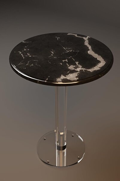 horoof home Elegant Circular Acrylic Serving Table with Black Marble Finish, ...