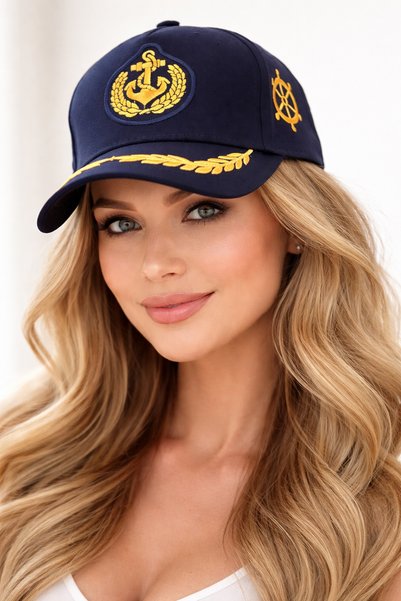 HatClub Exclusive Women's Captain Hat Navy Blue Gold Embroidered Premium Sailor Hat