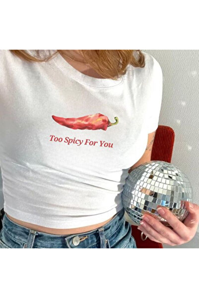 Violon Too Spicy for You Printed White Women's Crop Top