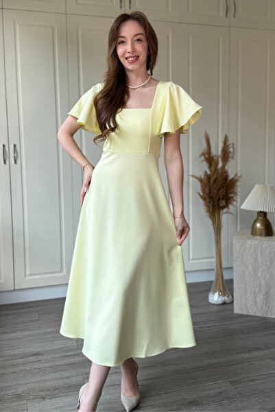 Dilay Gökoğlu Butik Elegant Midi Flared Dress with Ruffle Detail on the Sleeve