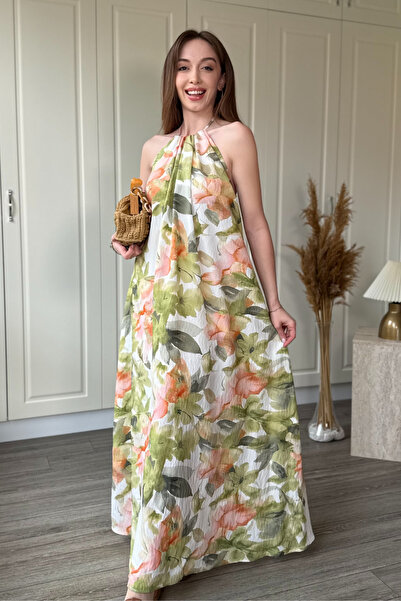 Dilay Gökoğlu Butik Halter Neck Floral Patterned Long Dress