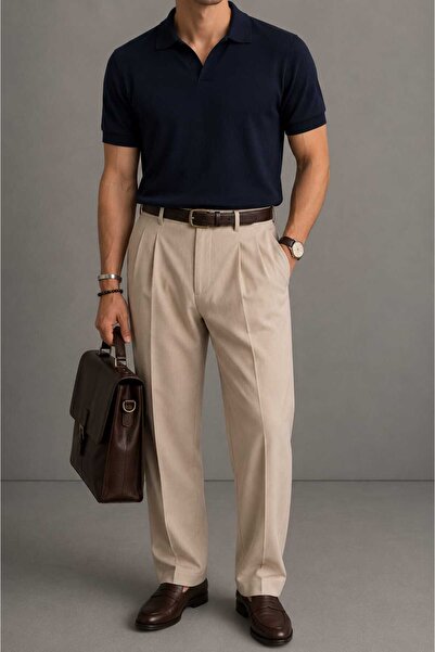 Çıkrık Men's Pleated Baggy Fit Beige Color Trousers