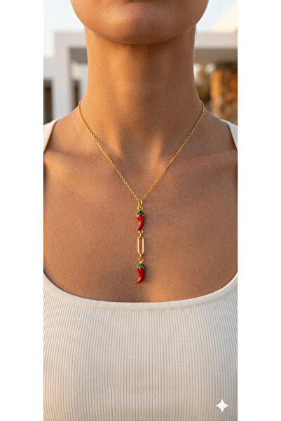 MODA MANANI Mineli Chili Pepper Model Gold Paperclip Detailed Women's Necklace