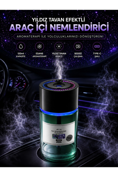 DEANB Araç İçi Hava Nemlendirici 120ml Yıldız Tavan Efektli Sessiz 300mAh Şar...