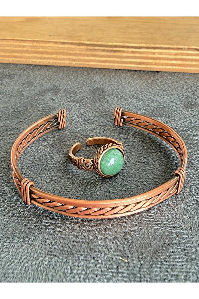 Rupen Kraft Handcrafted copper bracelet and natural stone ring set, adjustabl...