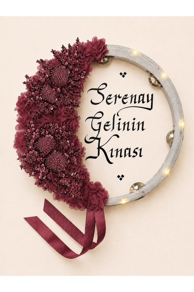 ELYNA Bordo Ledli Gelin Defi, Boncuklu Çiçekli 32cm, Kına Düğün Sünnet Düğünü...