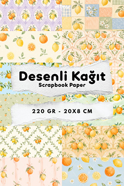 Mimu Art Studio Limon ve Portakal Desenli Kağıt Seti Scrapbook Kağıdı (220 gr...