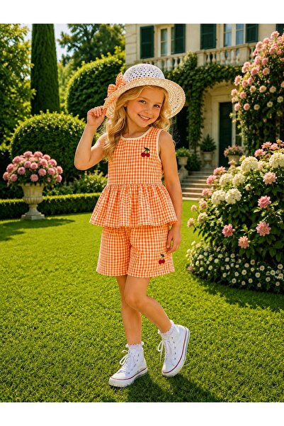 KOZADANKIDS Kız Çocuk Renkli ,Kiraz Nakışlı, Pötikare Şortlu Takım, Hediye Şa...