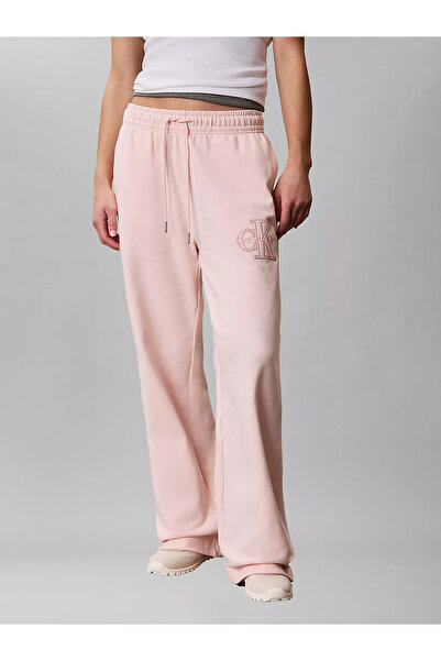 Calvin Klein Women's Relaxed Fit Ck Logo Embroidered Wide Leg Pink Sweatpants