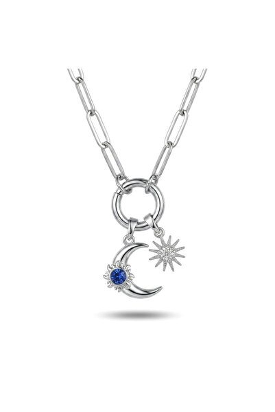 h&b design jewel قلادة هلالية فضية من الفولاذ بتفاصيل شمسية