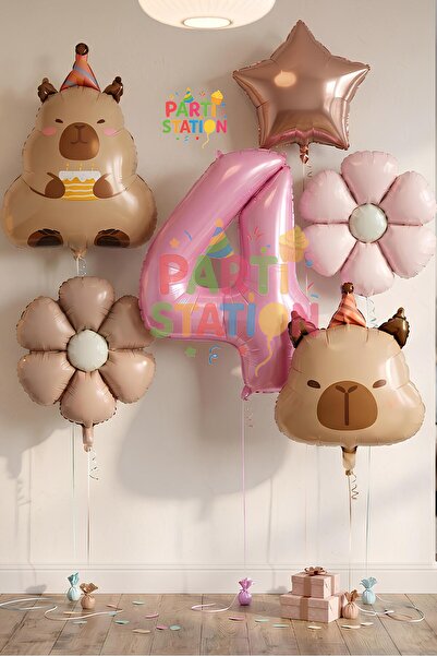 Parti Station Capybara Themed 4 Year Old Birthday Balloon Set 6 Piece Capybar...