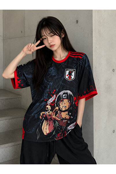 DEEFWEAR Itachi Baskılı Oversize Jersey Tişört Siyah Kırmızı Unisex Streetwear