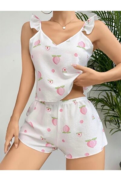 RoseOfNuit Şeftali Desenli Pamuklu Pinterest Model Şortlu Gecelik Takım